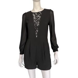Long Sleeve Black Romper with Lace Insert
